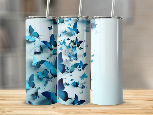 Blue butterfly pattern on a set of three tall, insulated tumblers.