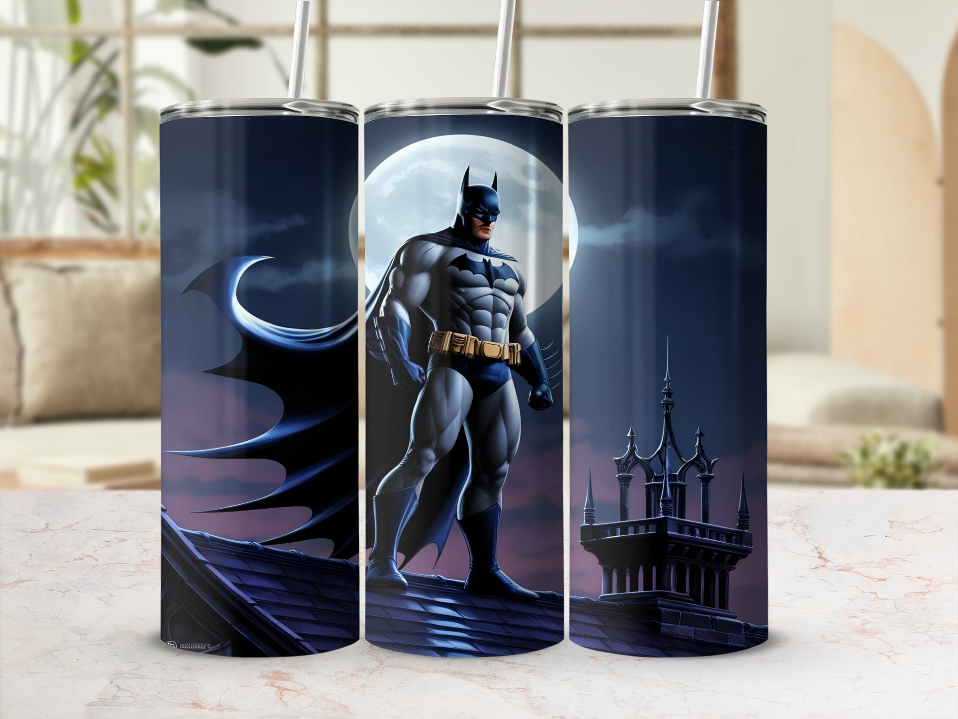 Batman standing on a rooftop in front of a full moon.