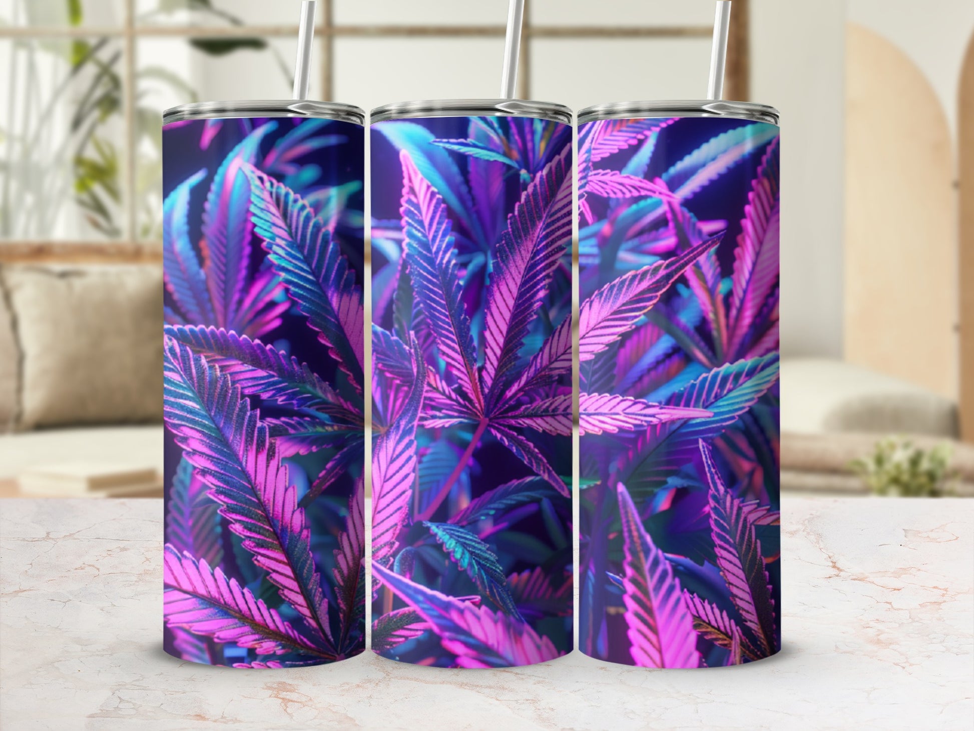 Three tumblers with a purple and blue cannabis leaf pattern.