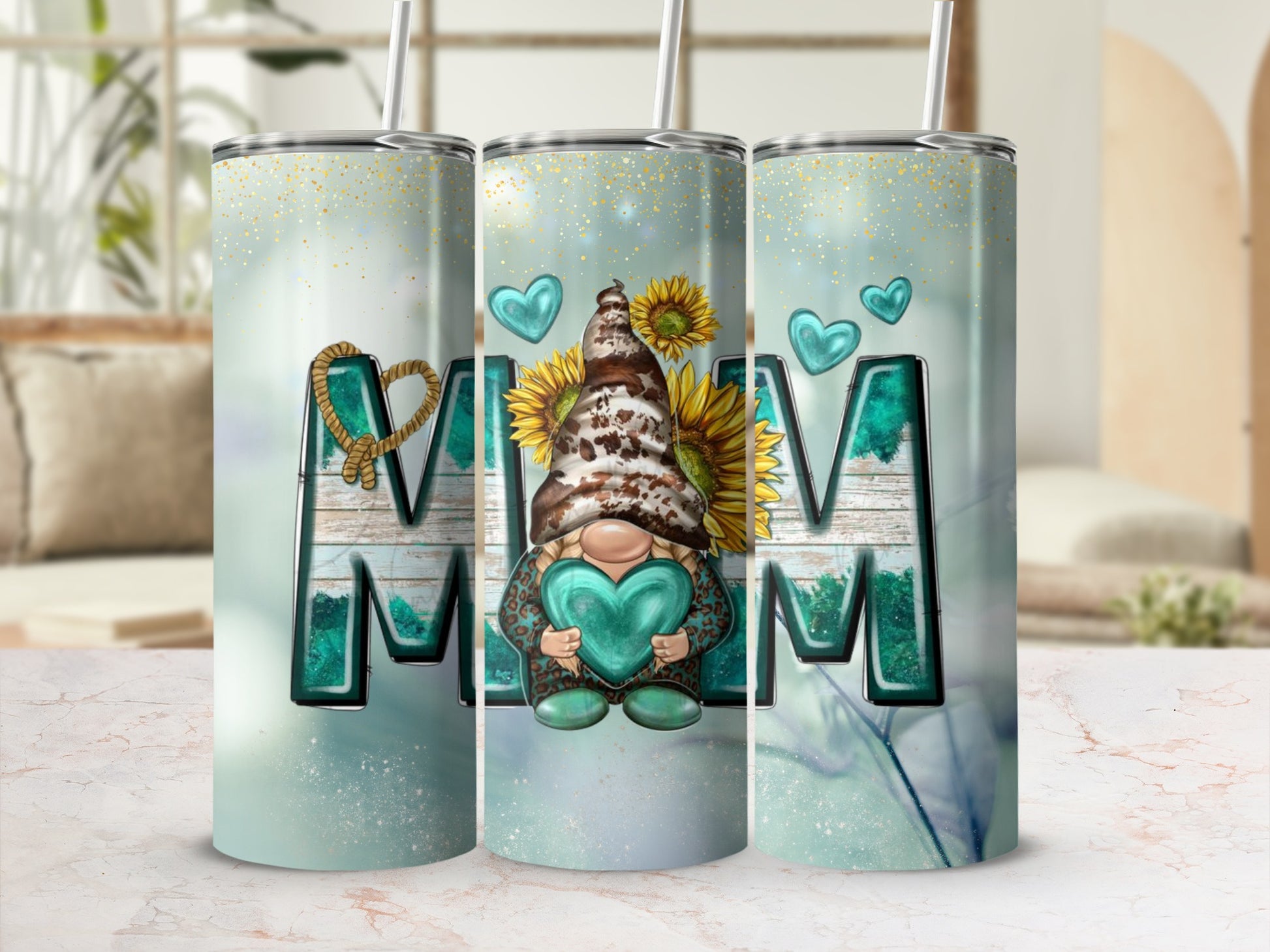 Cute Gnome Mom Design with Sunflowers and Hearts Tumbler