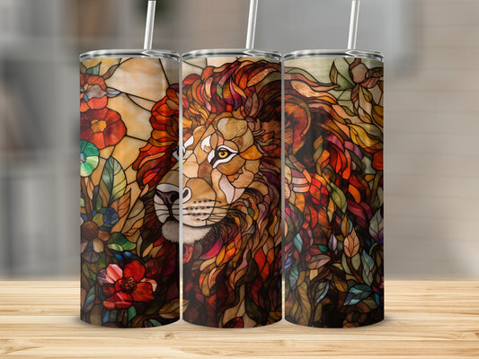Stained glass lion with floral accents on a tumbler.
