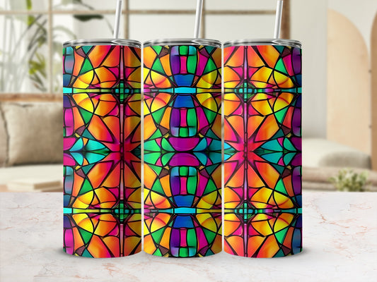 Three stained glass tumblers with a colorful geometric pattern.