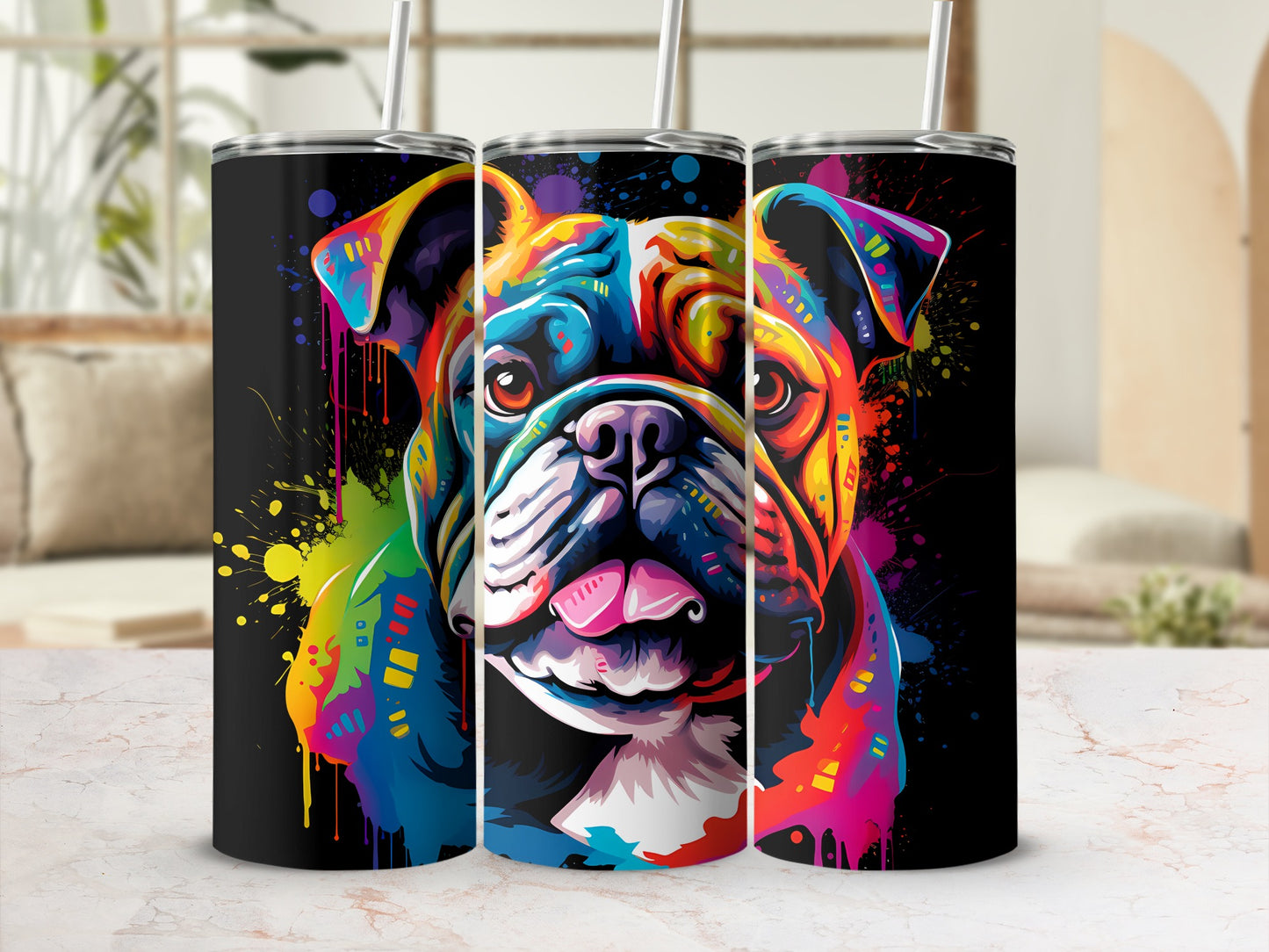 Three tumblers with a colorful abstract bulldog design.