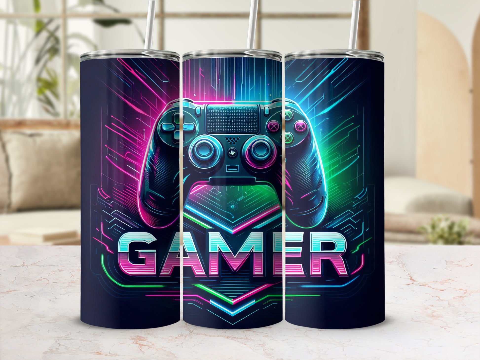 Tumbler with a video game controller and "GAMER" text.