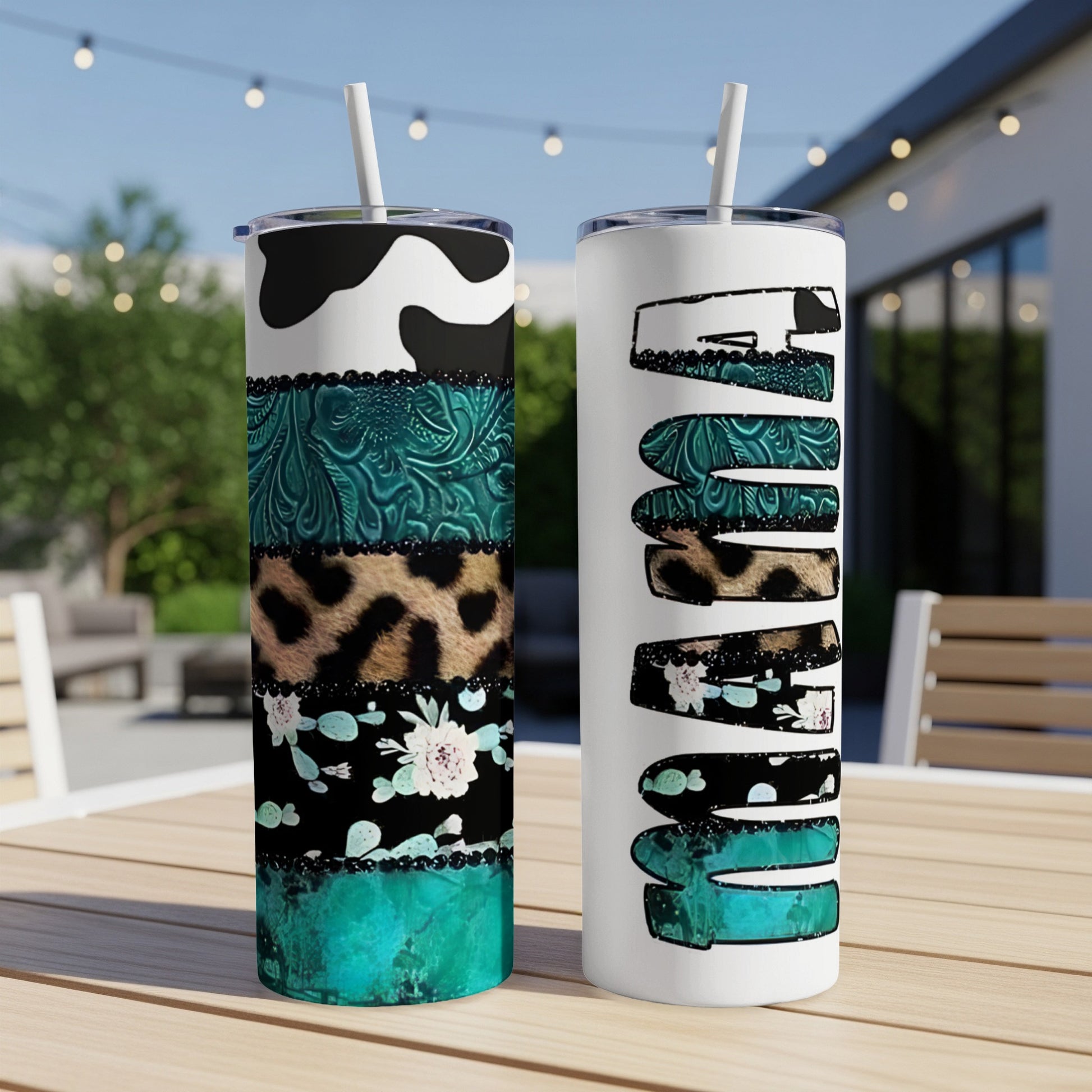 Two tumblers, one with a patterned wrap, the other with "Mama" text.