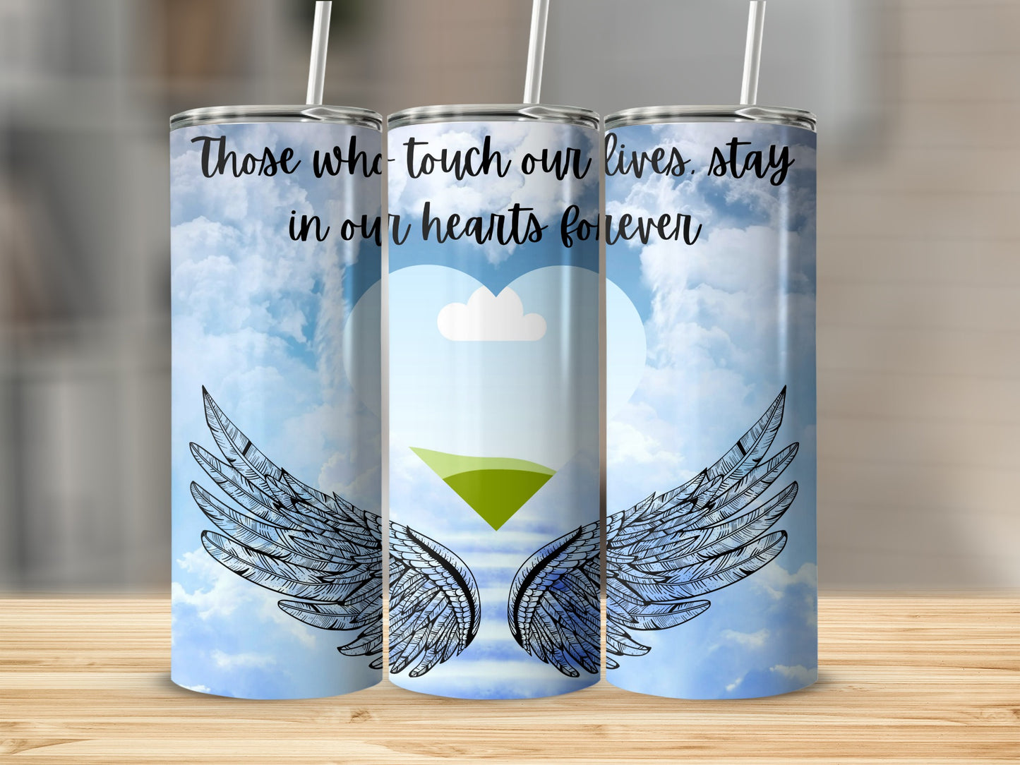 Three tumblers with a sky design, angel wings, and text: "Those who touch our lives, stay in our hearts forever."