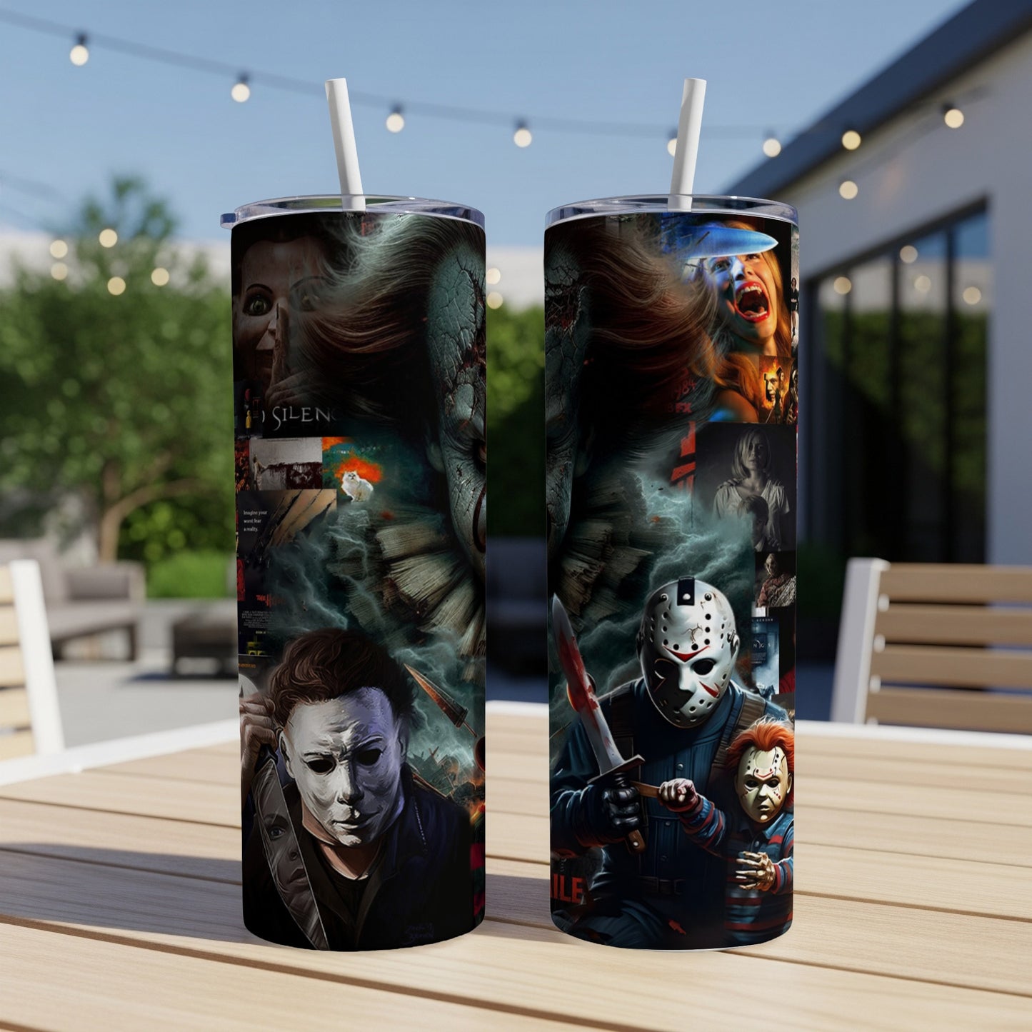 Tumblers with horror movie villains like Michael Myers, Jason Voorhees, and Chucky.