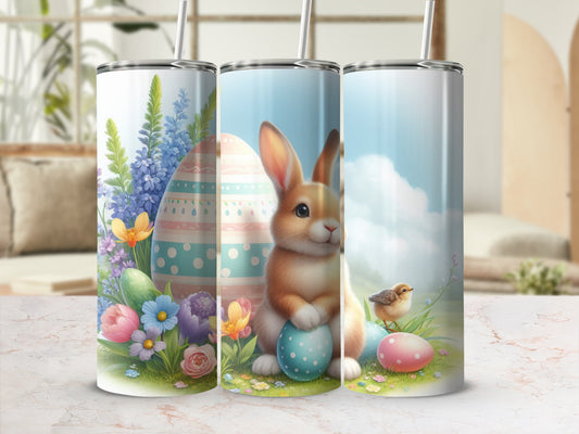 Easter bunny and chick with pastel eggs and spring flowers on tumblers.