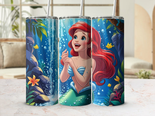 Ariel the Little Mermaid on a tumbler with underwater scenery and fish.