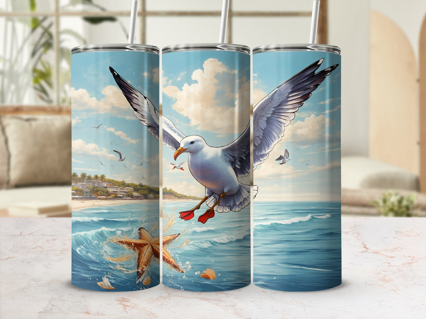 Seagull flying over ocean waves with starfish and beach town background.