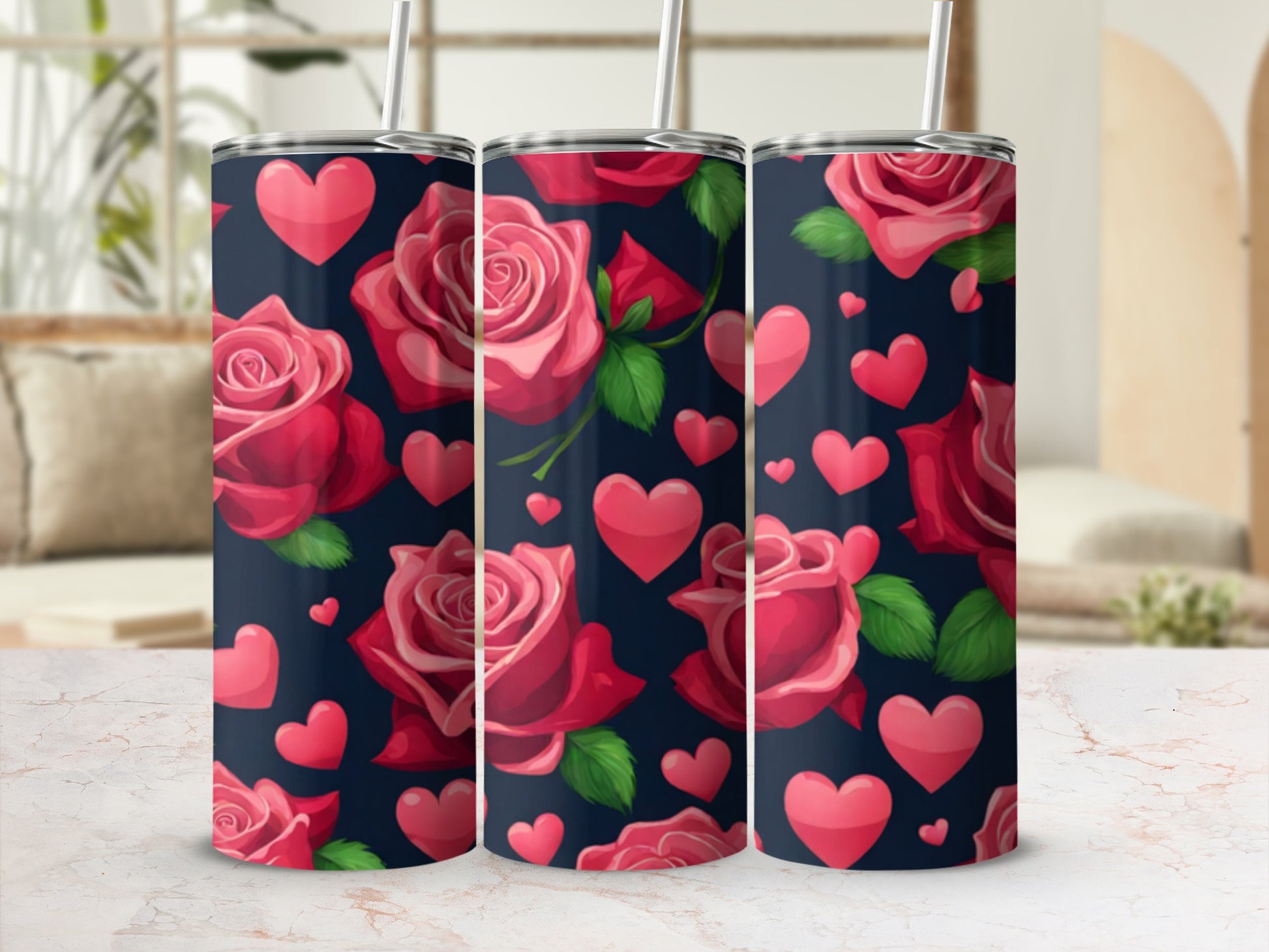 Dark navy tumbler with pink roses and hearts pattern.