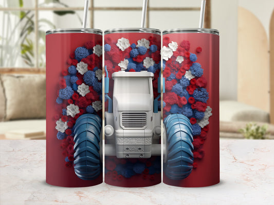 White tractor on red background with blue and red flowers.