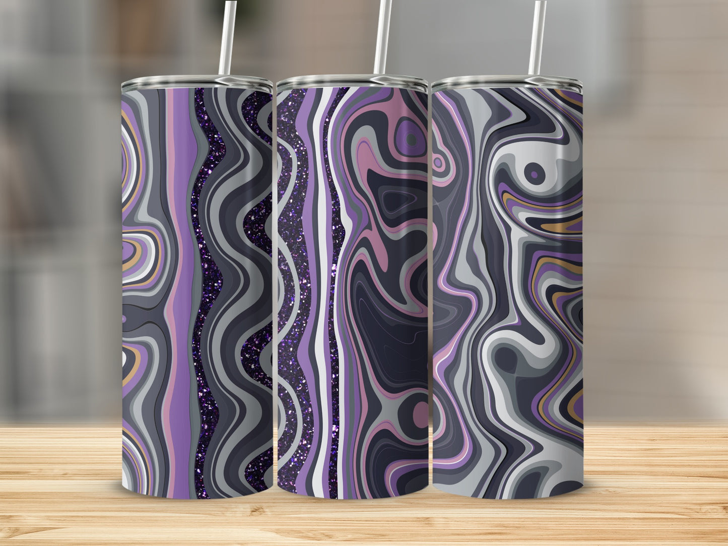 Swirling Abstract Purple Grey Tones With Glitter Tumblers