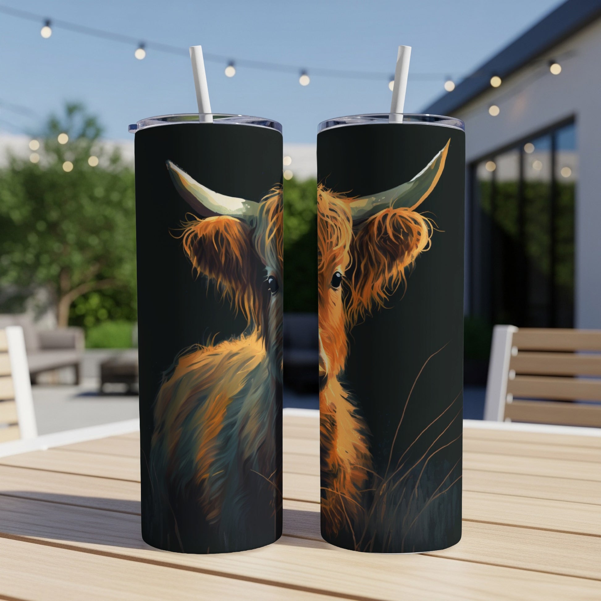 Highland cow illustration on two black tumblers with straws.
