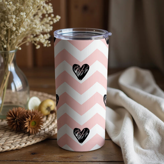 Pink and White Chevron Tumbler with Black Hearts