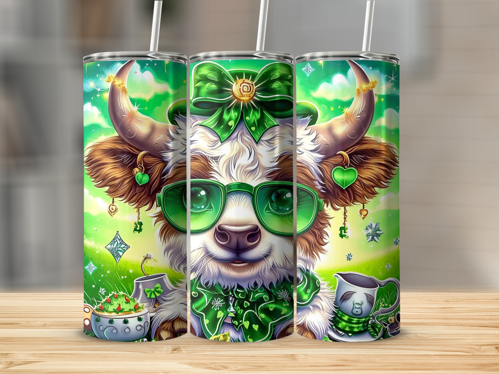 Cow with green glasses and shamrocks on St. Patrick's Day themed tumbler.