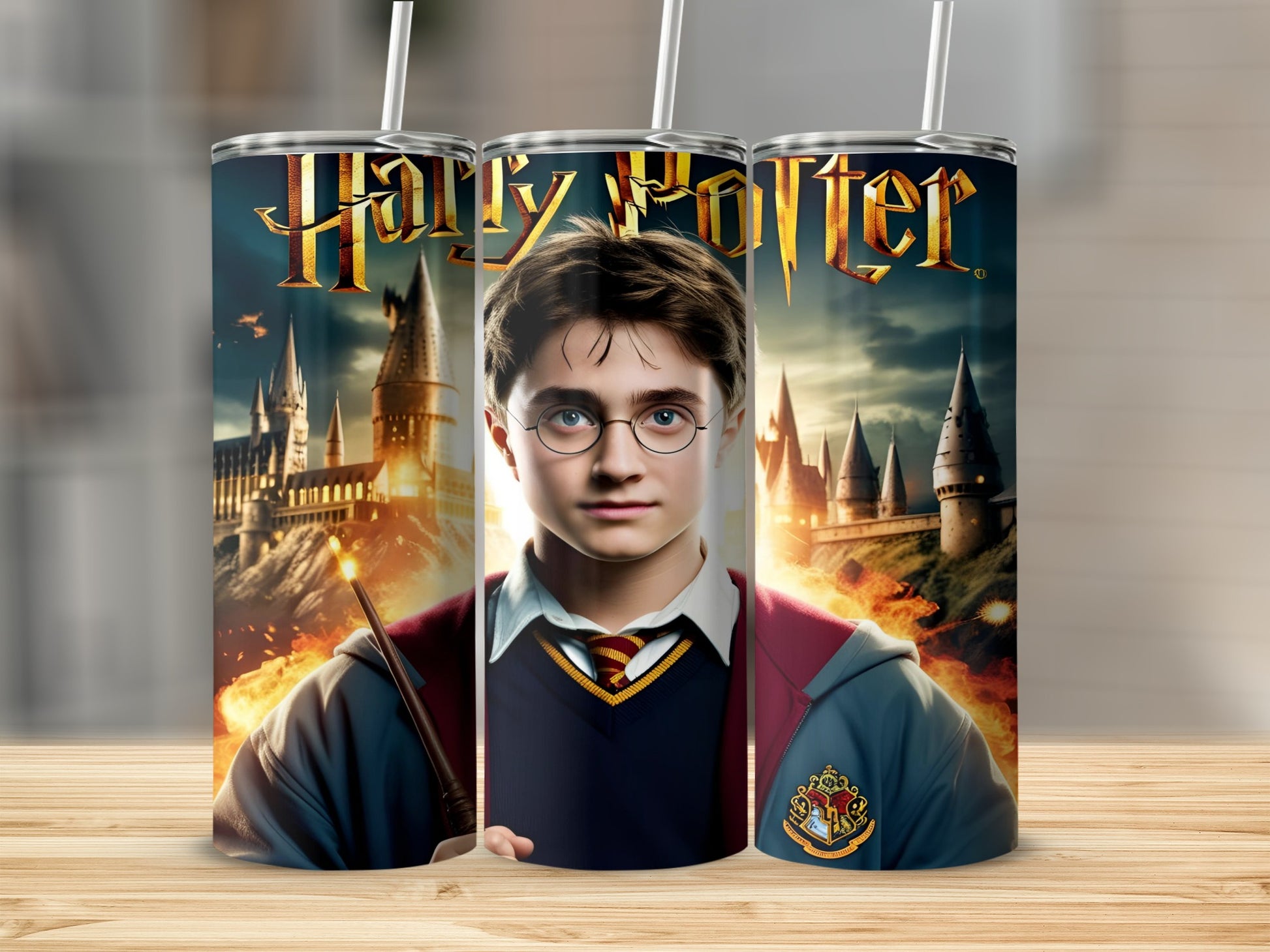 Harry Potter with Hogwarts castle background on a tumbler.