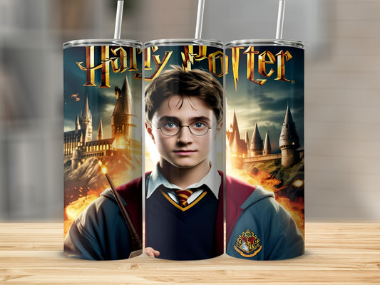 Harry Potter with Hogwarts castle background on a tumbler.