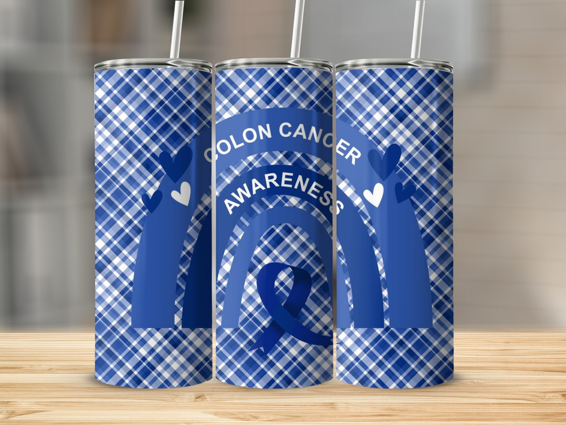 Colon Cancer Awareness Tumbler with Blue Plaid Design