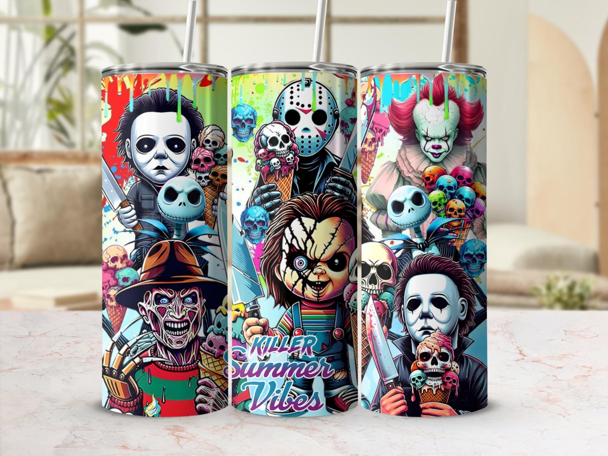 Horror characters, including Michael Myers, Freddy Krueger, and Pennywise, on tumblers.