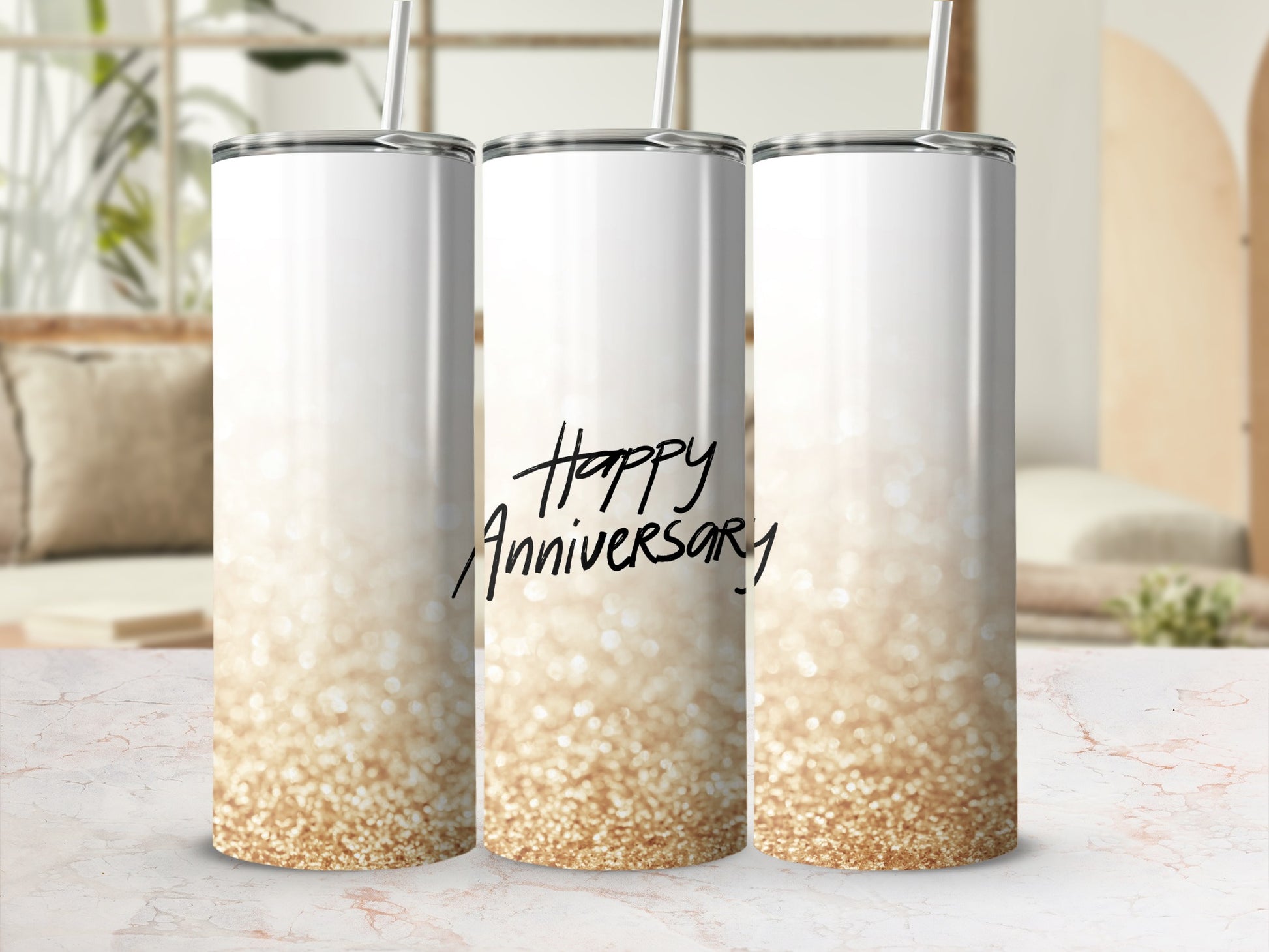 Three tumblers with "Happy Anniversary" text and glitter background.