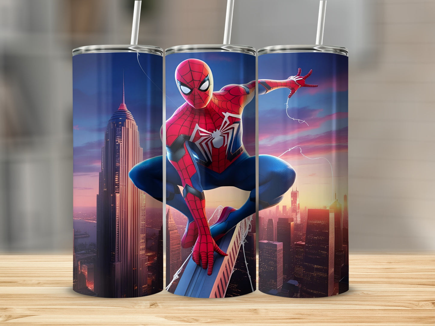Spiderman leaping across a cityscape at dusk, with skyscrapers in background.