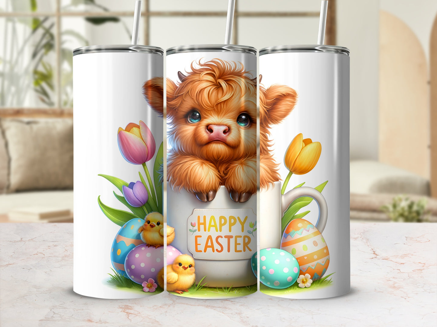 Fluffy highland cow peeking from a mug with Easter eggs and chicks.