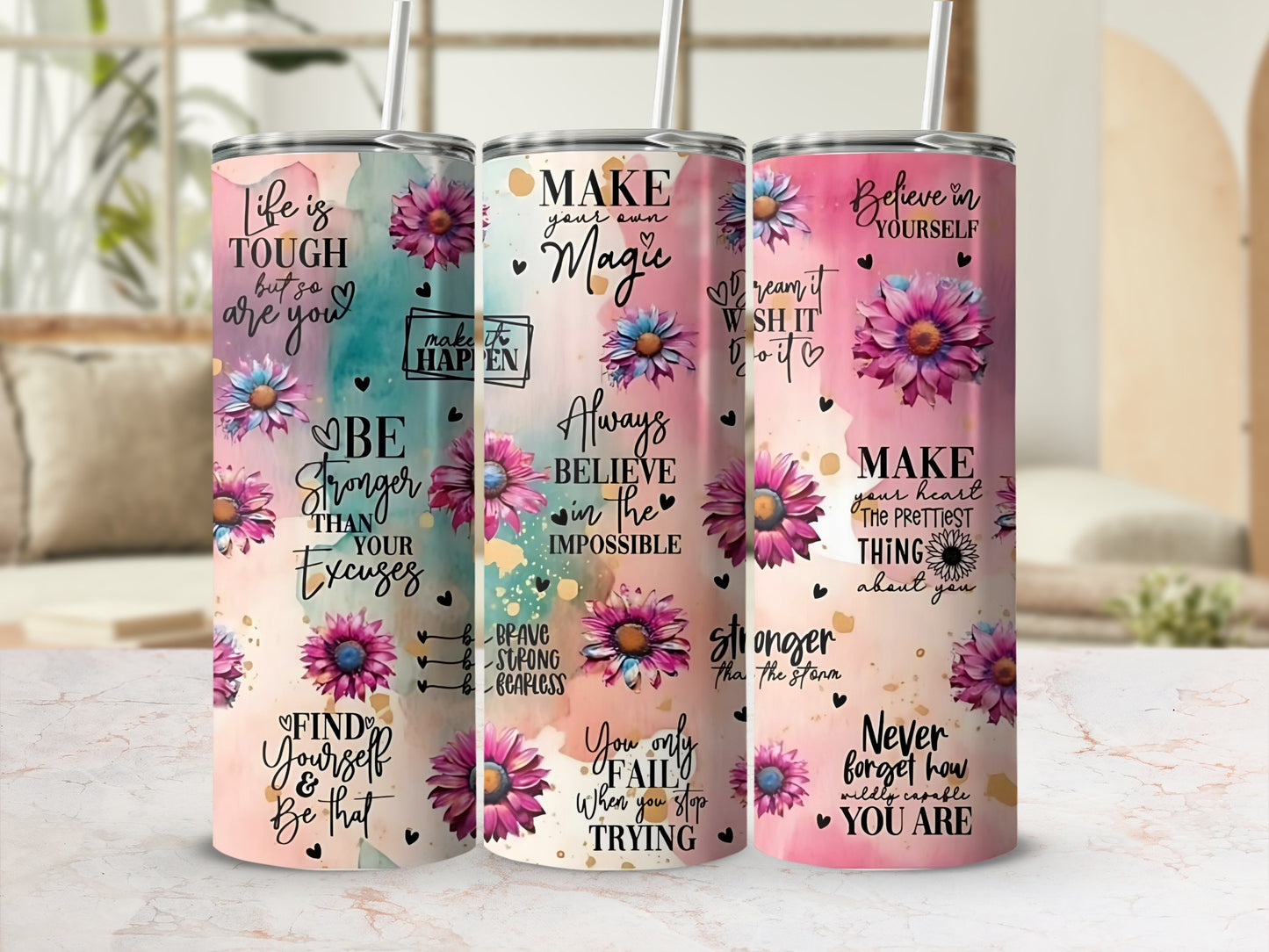 Inspirational Flower Tumbler with Uplifting Quotes