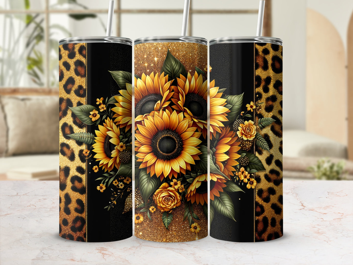 Leopard Sunflowers Glitter Gold Sparkle Black Tumbler product type