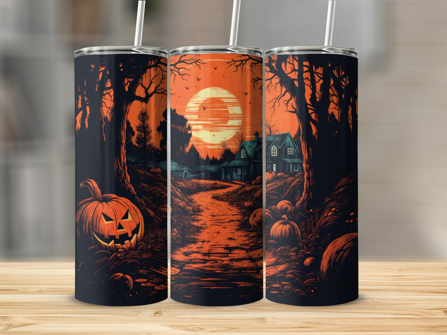 Halloween themed tumblers with jack-o'-lanterns, spooky trees, and a house under an orange moon.