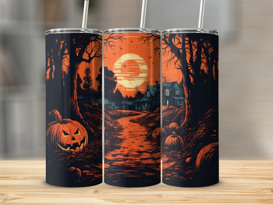 Halloween themed tumblers with jack-o'-lanterns, spooky trees, and a house under an orange moon.
