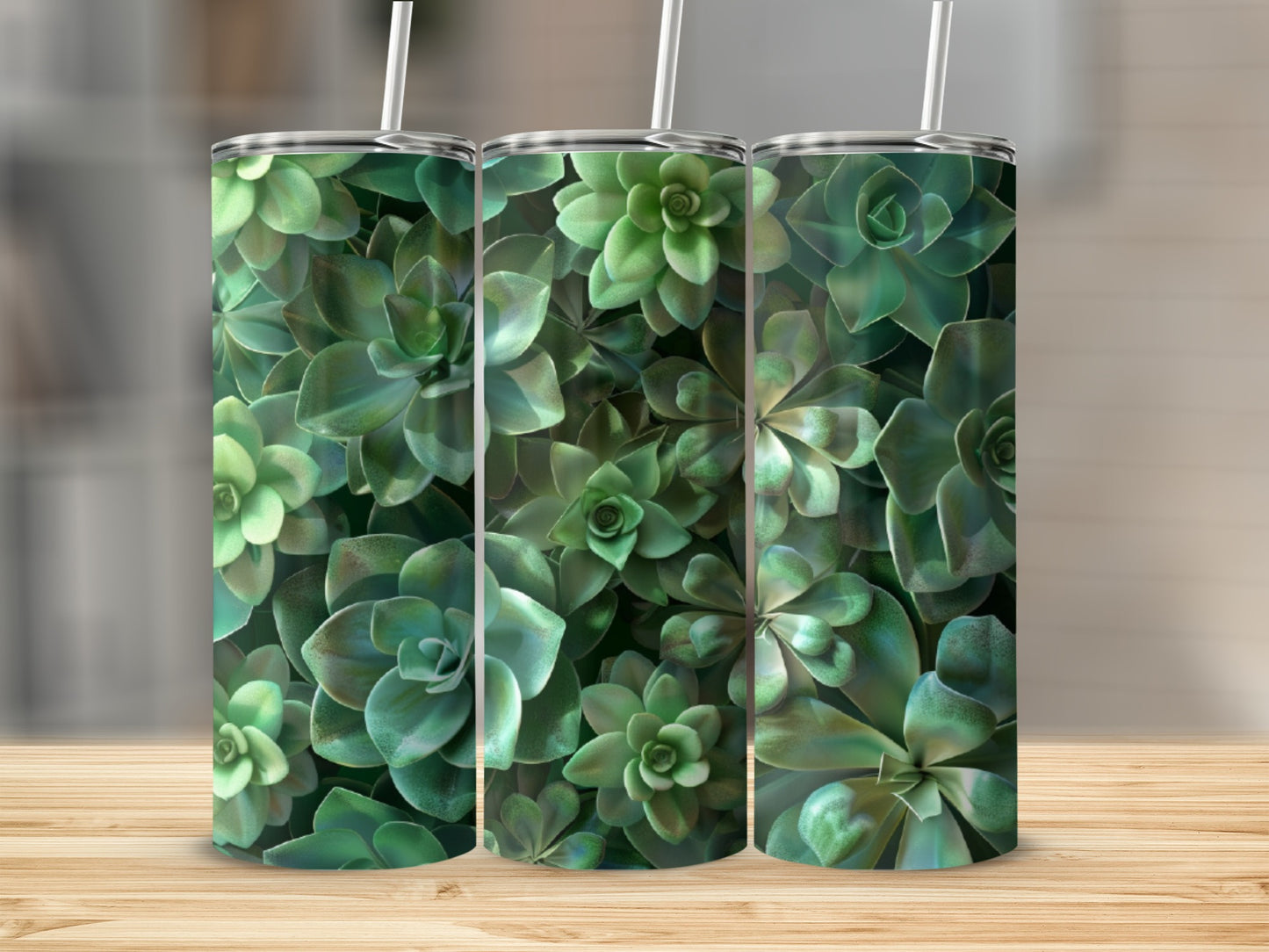 Three tumblers with a close-up pattern of lush green succulent plants.