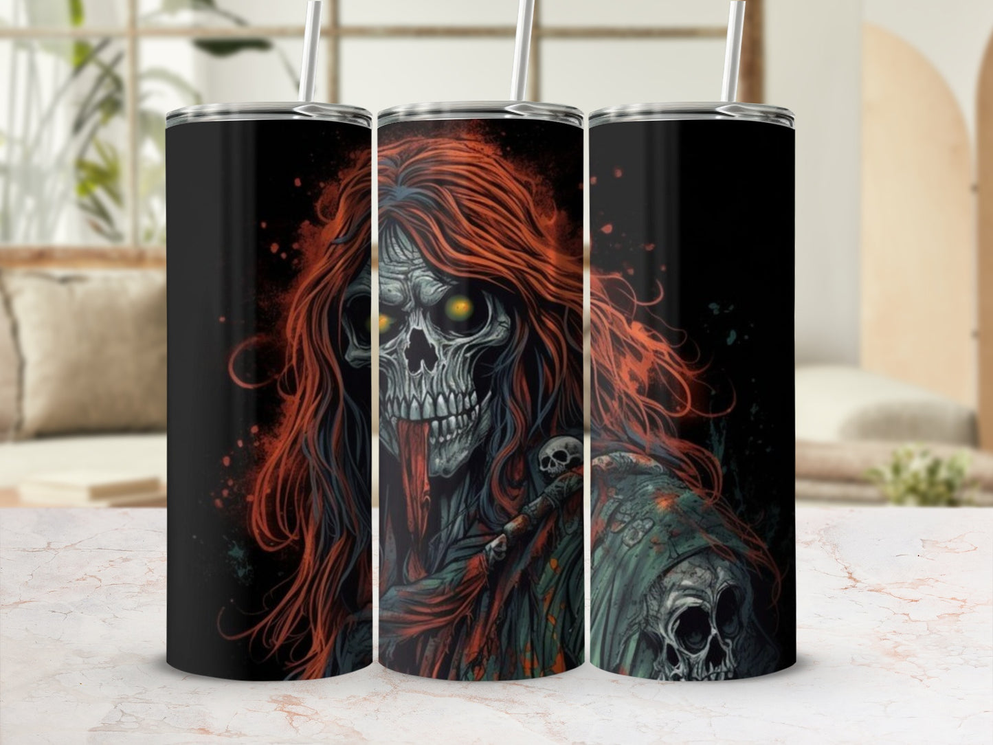 Three tumblers display a gothic design of a zombie with red hair and glowing eyes.
