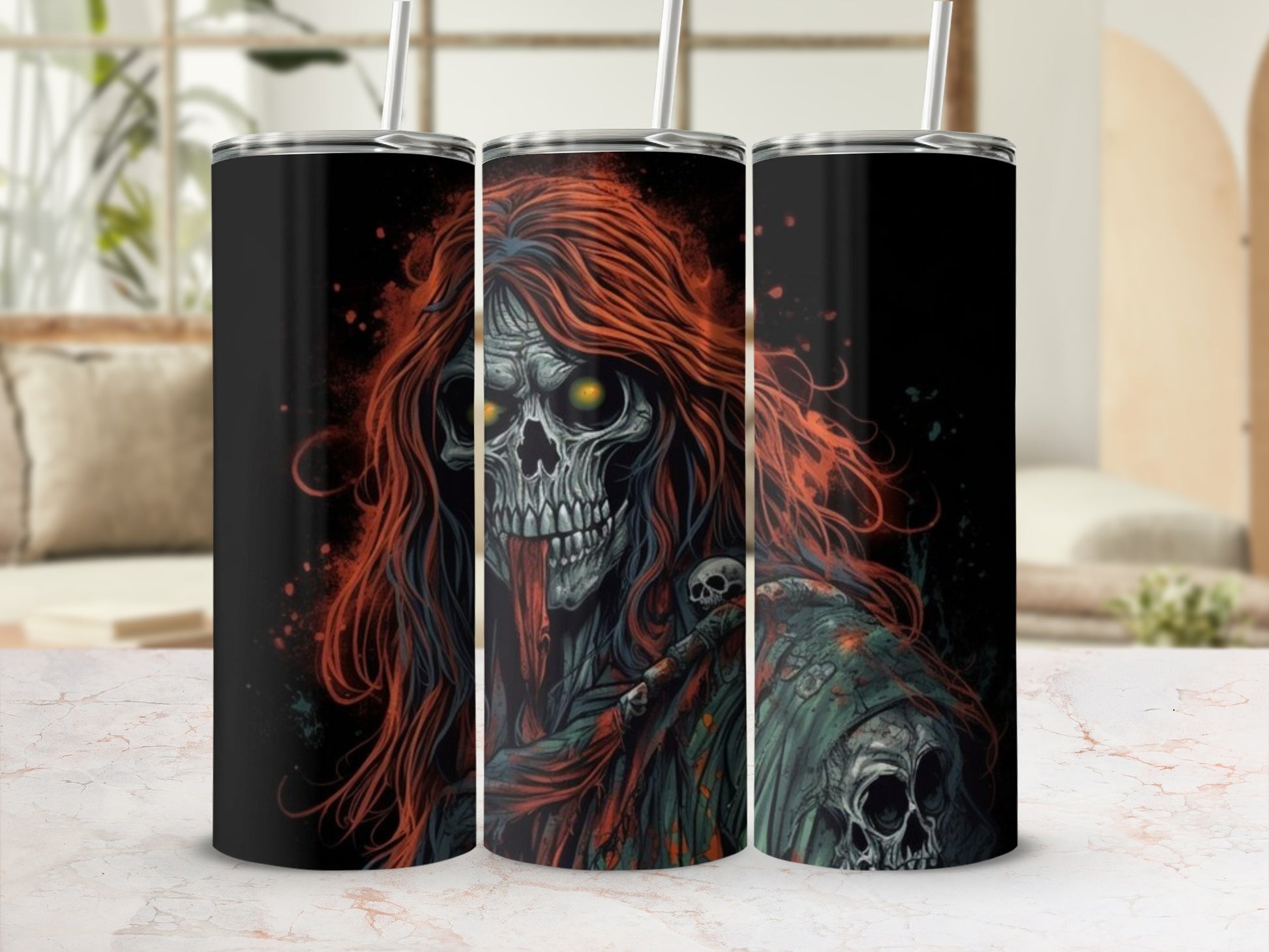 Three tumblers display a gothic design of a zombie with red hair and glowing eyes.