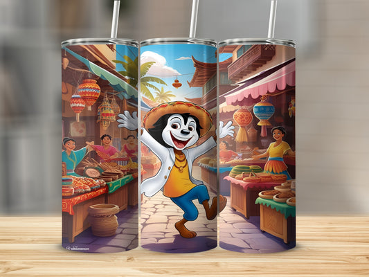 Cartoon character in white shirt and blue pants walks through a vibrant market.