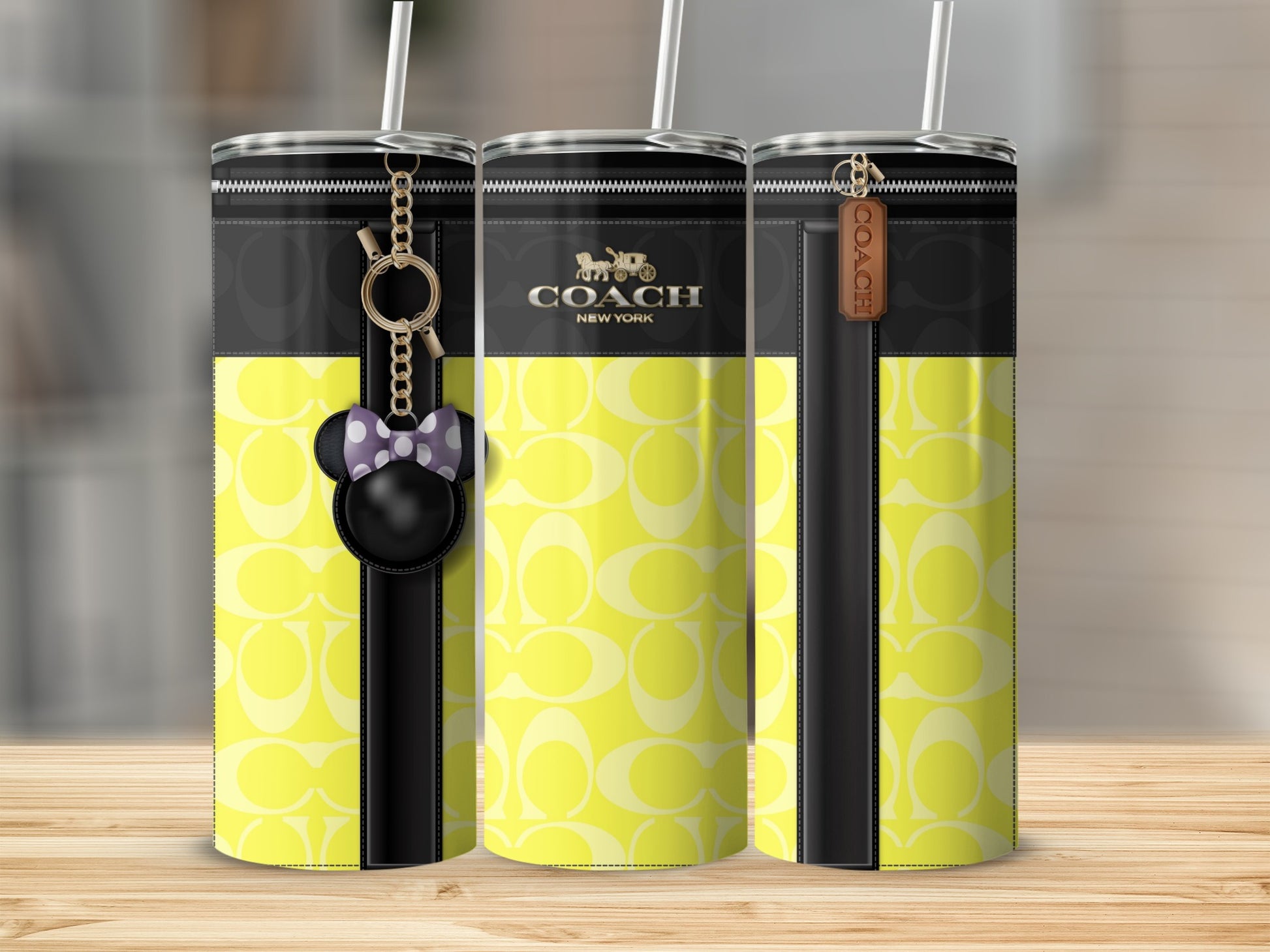 Yellow and Black Coach New York Tumbler with Keychain Design