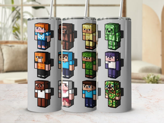 Tumbler with Minecraft character designs in grid layout.