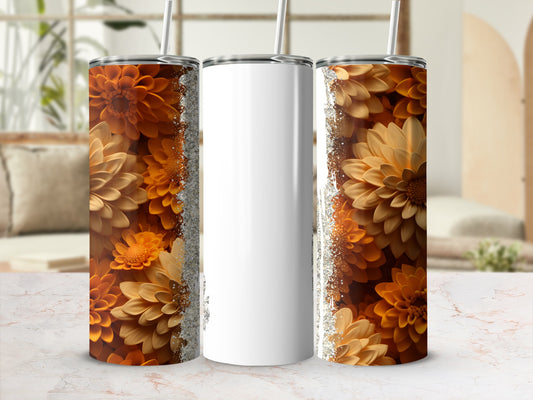 Three tumblers with floral patterns, one blank, on a marble surface.