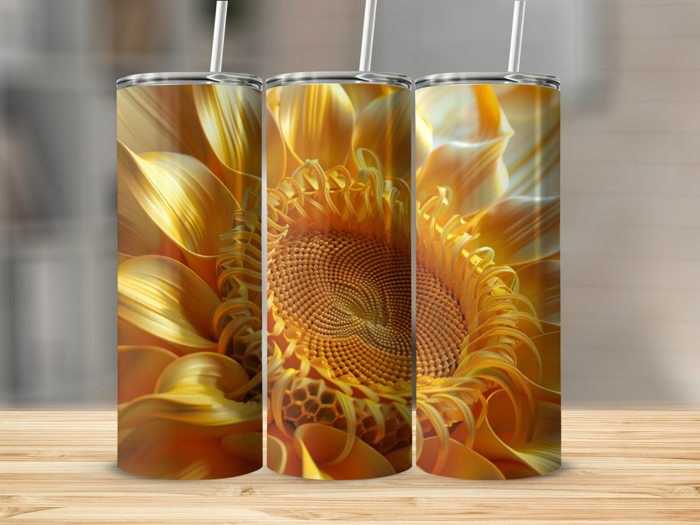 Close-up of a sunflower pattern on three tumblers.