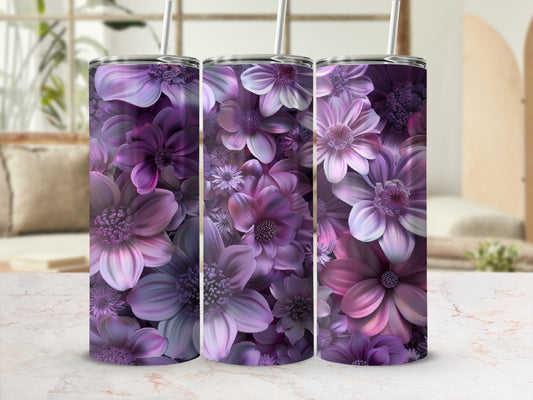 Three tumblers adorned with a vibrant purple floral pattern.