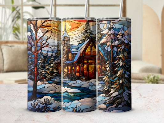 Three stained glass tumblers featuring a snowy cabin scene and pine trees.