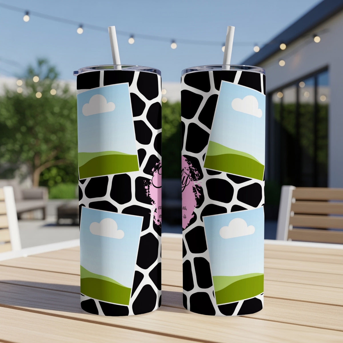 Two tumblers with giraffe pattern and nature scene collage with text.
