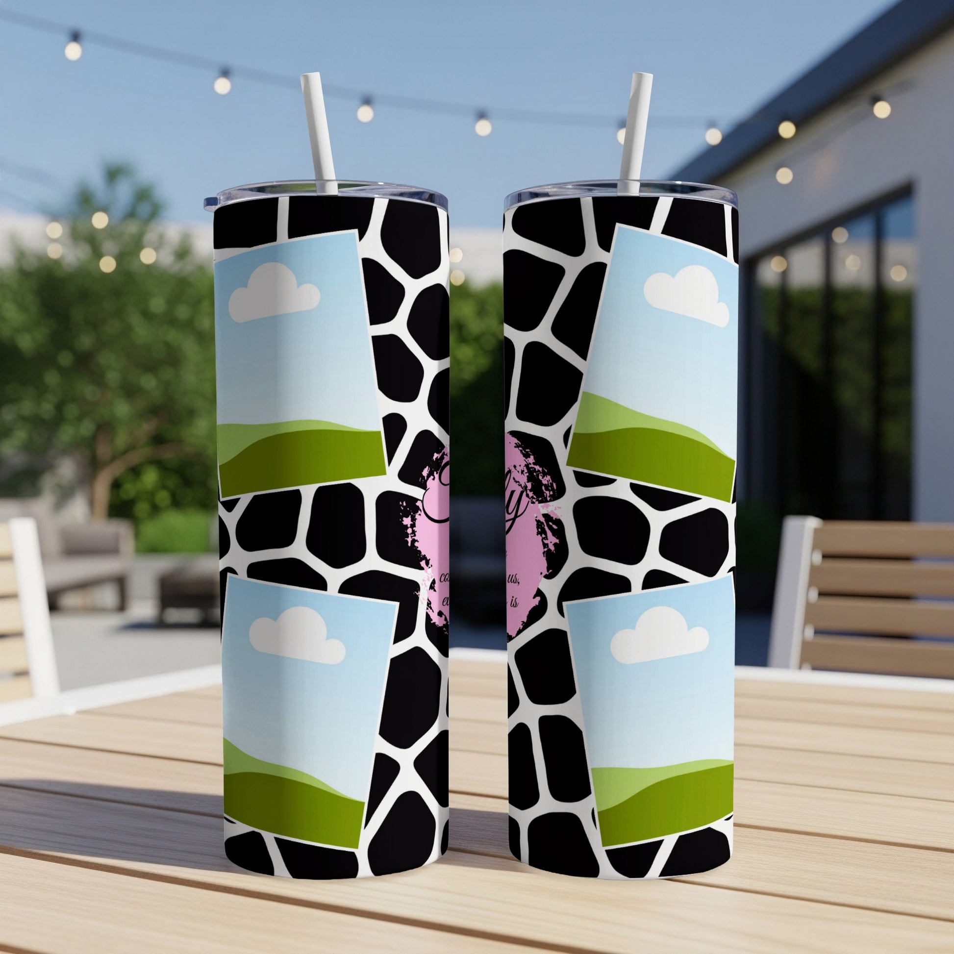 Two tumblers with giraffe pattern and nature scene collage with text.