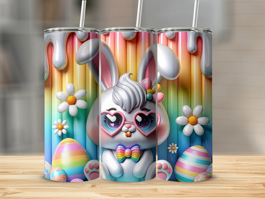 Cute bunny in heart sunglasses with rainbow Easter eggs and flowers.