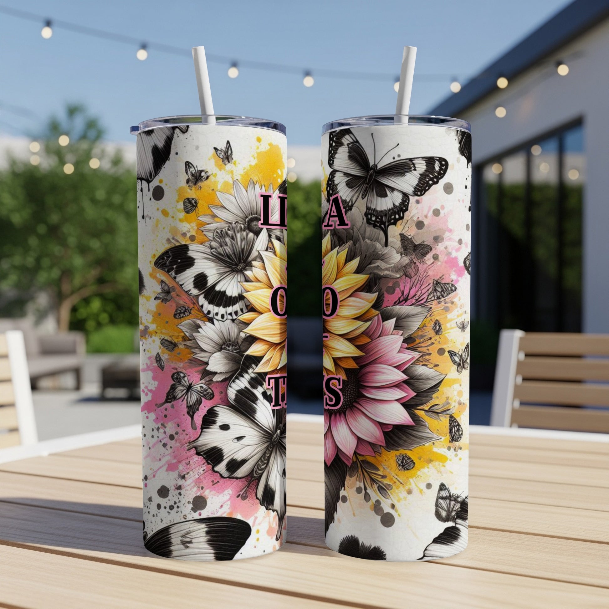 Two tumblers with sunflower and butterfly designs, text reads "Live your best life".