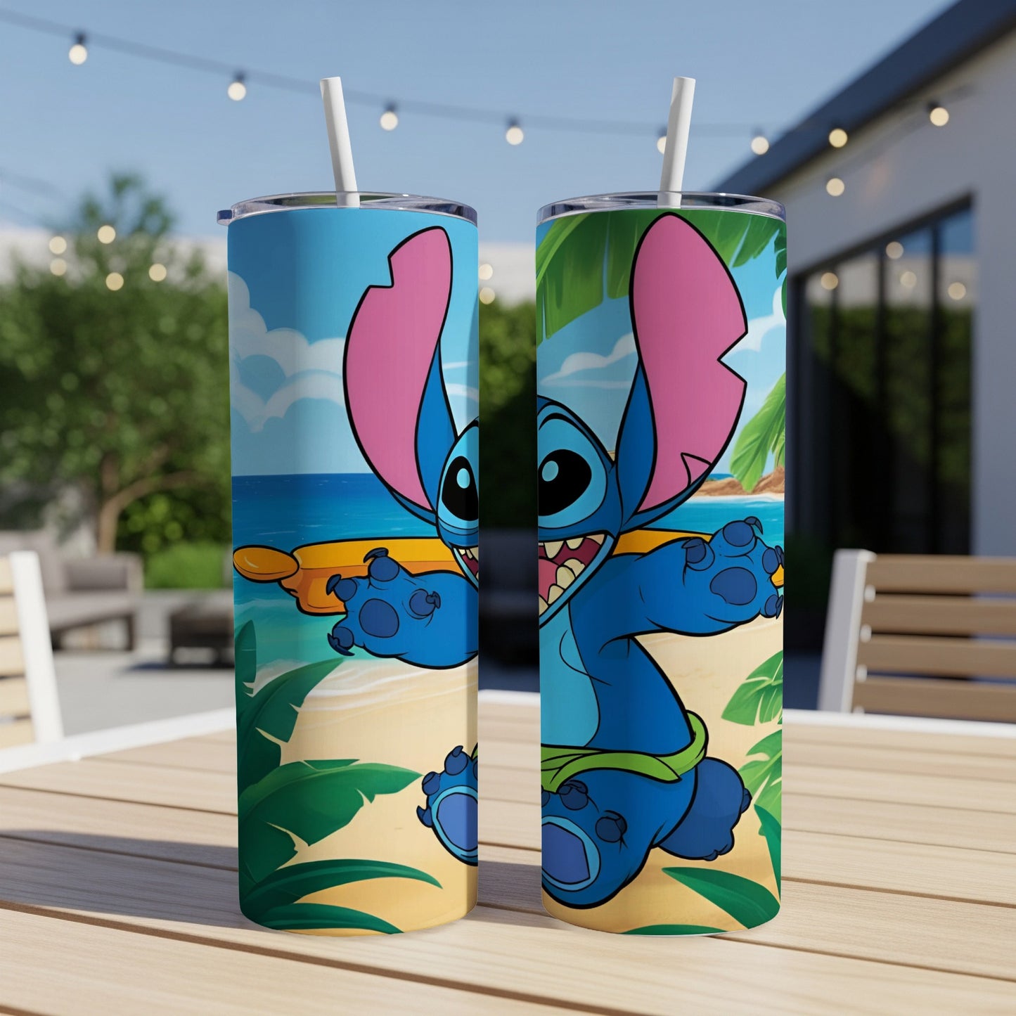 Stitch on a beach with palm trees, holding a surfboard.