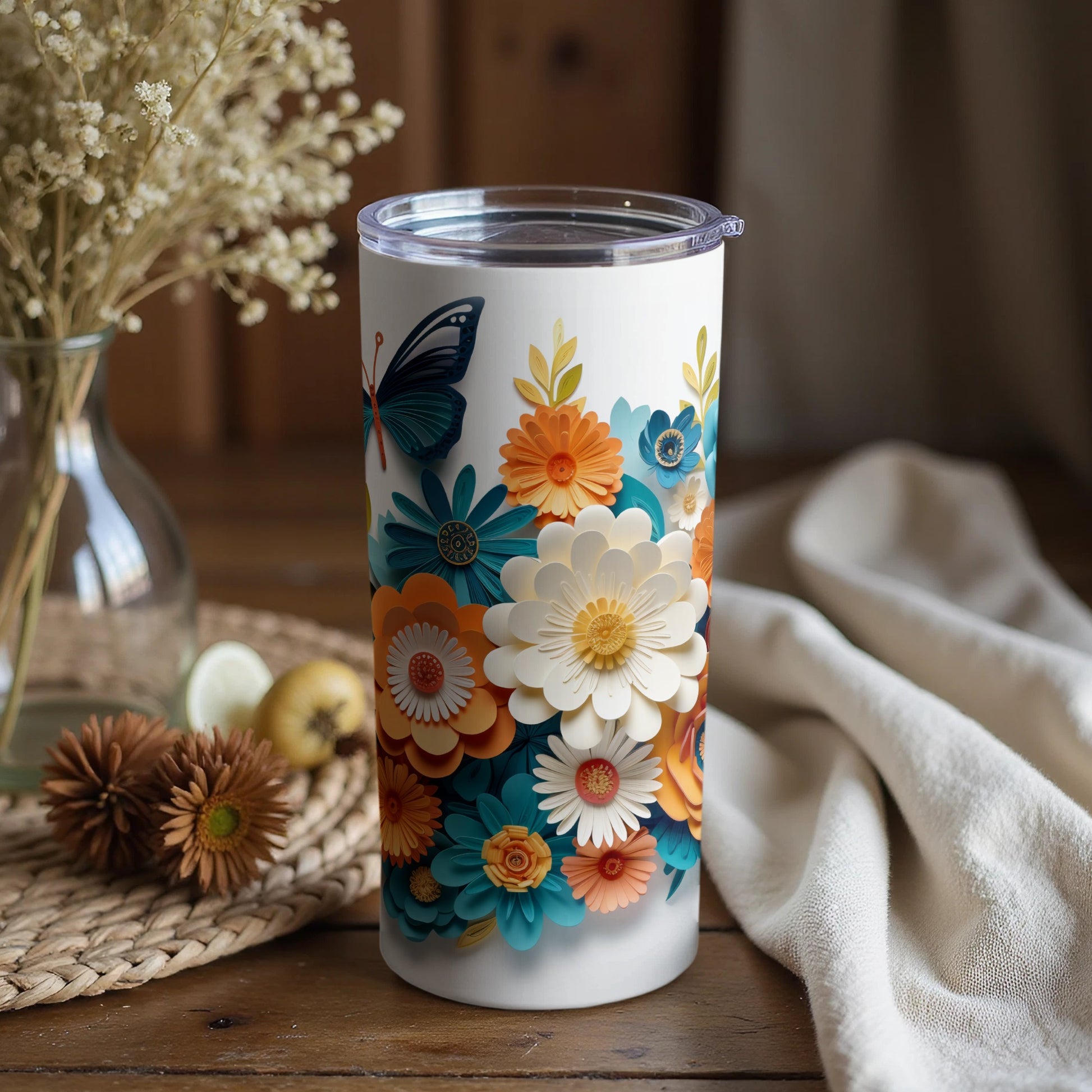 Colorful Floral Butterfly Design Insulated Tumbler Cup