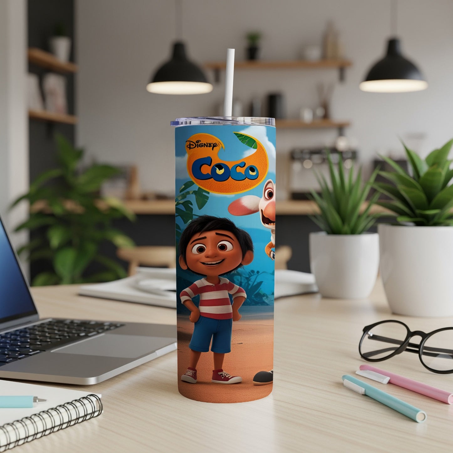 Disney Coco tumbler with Miguel and Dante on a desert background.