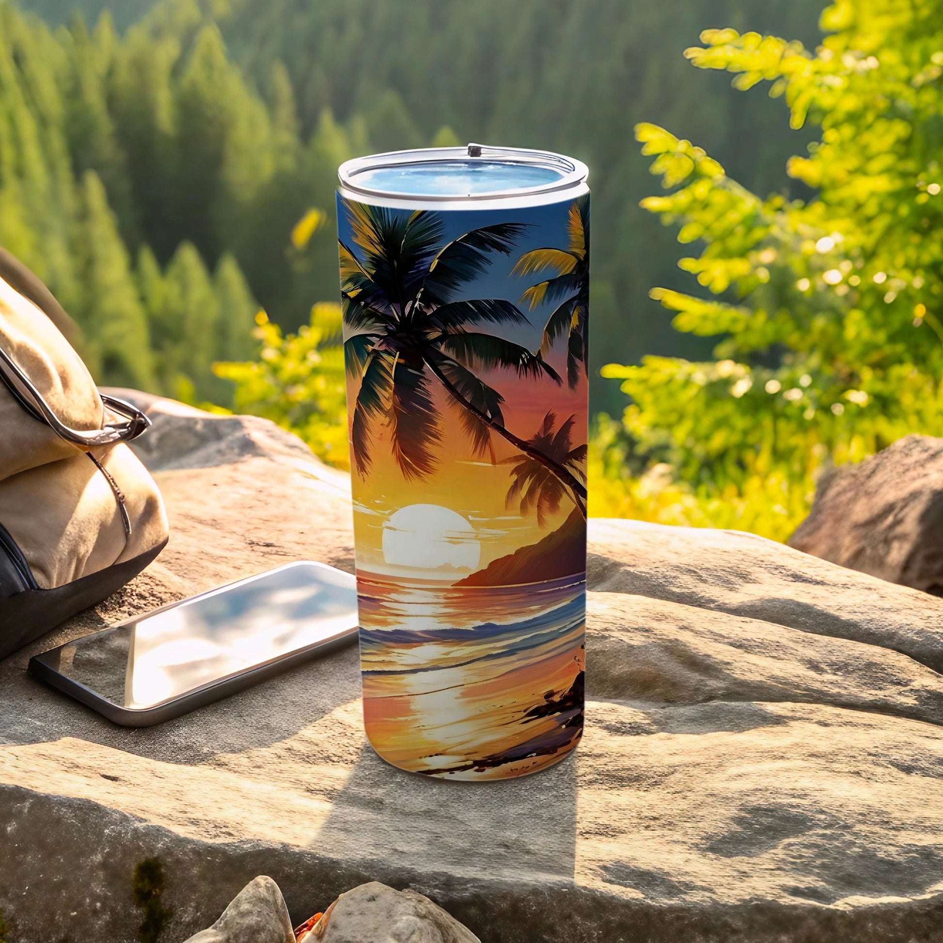 Tumbler with a vibrant sunset beach scene and palm trees.
