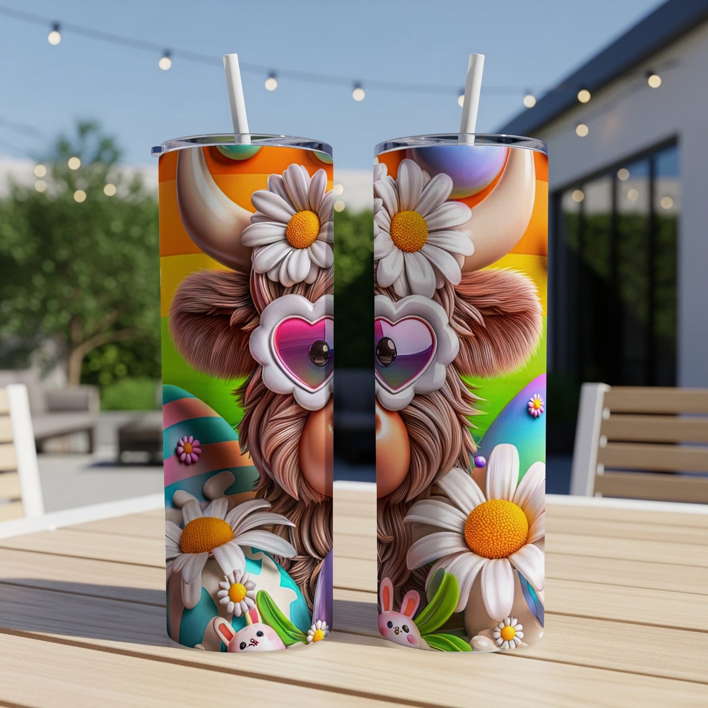 Two tumblers with cow, Easter eggs, and bunny designs on a table.